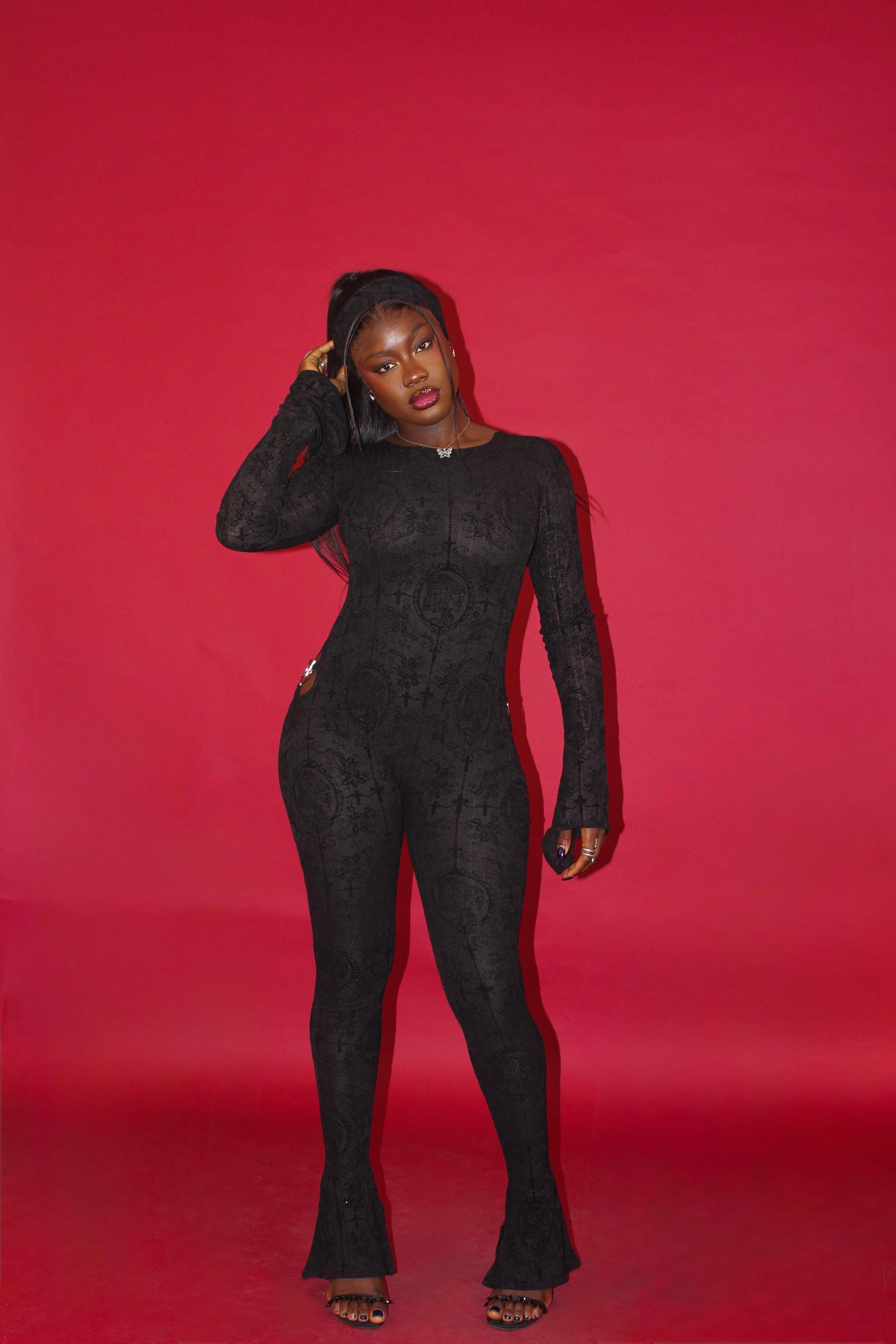 Black Mesh Clover Jumpsuit, view 4